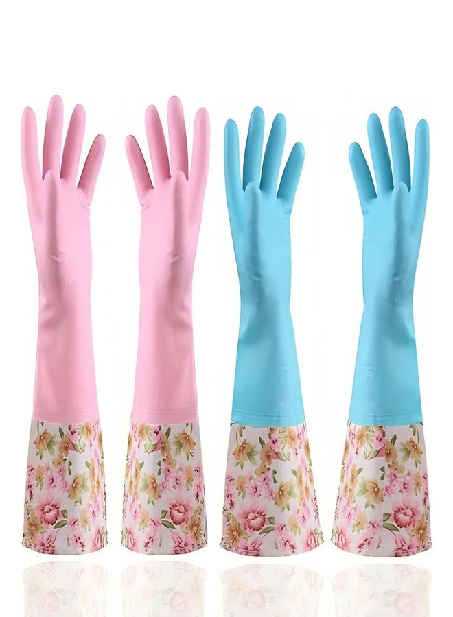 KINGFINGER Rubber Latex-Free Waterproof Dishwashing Gloves,2 Pair Medium Long Cuff Flock Lining Household Cleaning Gloves - Image 1